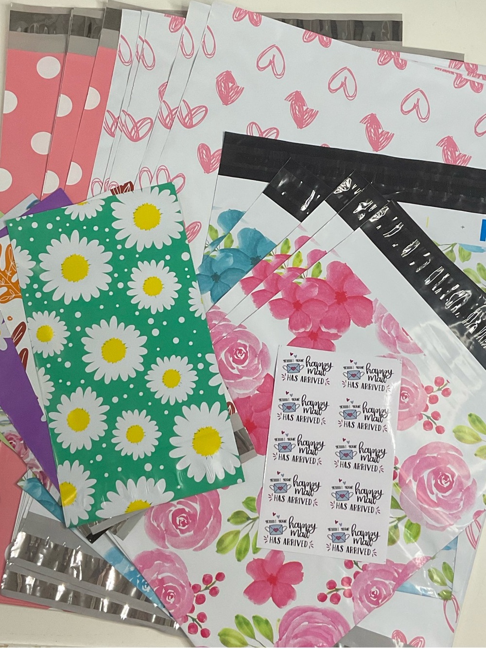 Decorative Floral and Patterned Poly Mailer Bags - Pink, Green, White
